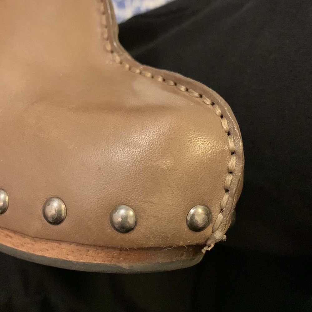 KORS Michael Kors Tan Leather Wooden Heel Clogs - Picture 8 of 10